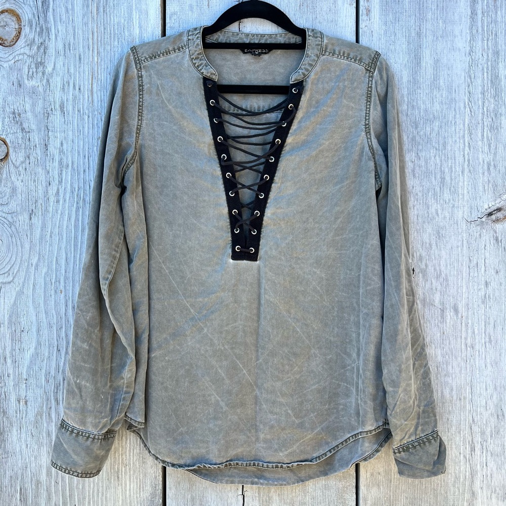 Express olive green gray long sleeve blouse lace up bust v-neck 100% lyocell top